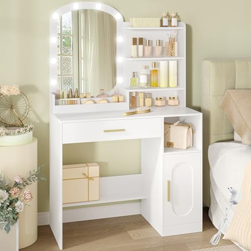 HEXCELEN Coiffeuse avec Miroir Ovale, 40 × 90 × 147,7 cm, Blanc | Coiffeuse avec Miroir LED, Luminosité Réglable, Table de Maquillage avec Tiroir, Armoire et Étagères Ouverts