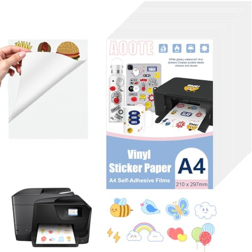 AOOTE 30 Sheets Matte Sticker Printer Paper, 297 x 210mm Self-Adhesive Vinyl Labels, A4 Waterproof Printable Vinyl Stickers Paper, Printable Film for Inkjet & Laser Printer, Matte