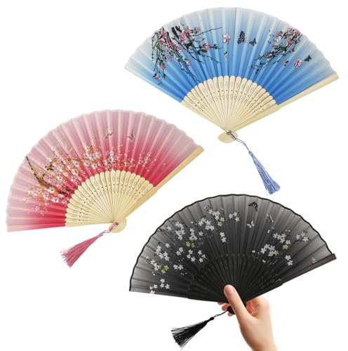 Bliceon Folding Hand Fans, Vintage Silk Hand Fan, Portable Chinese Silk and Bamboo with Tassel, Ideal for Weddings, Parties, Gifts, for Events