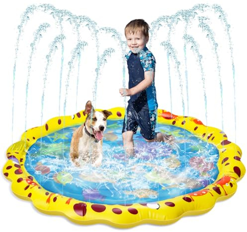 Splash Pad for Kids, Round Sprinkler and Splash Water Play Mat, Dog Paddling Pool, Foldable Summer Garden Outdoor Sprinkler Play Mat Fun Backyard Fountain for Kids Pet Pool Water Toy (Yellow 100cm)