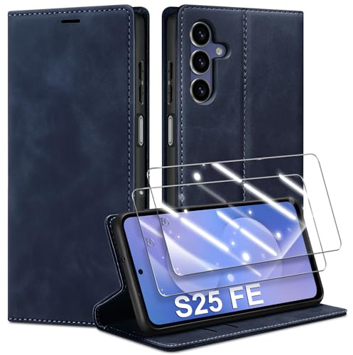 Guisessy für Samsung Galaxy S25 FE 5G Hülle mit 2 Schutzfolie, Blau | Premium Leder Handyhülle, Magnet, Kartenfach, Standfunktion, Klappbar Flip Wallet Schutzhülle