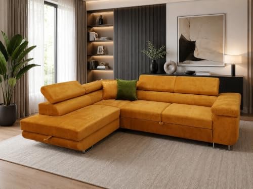 KMK GNYCH Sofa Aston 275x202x90 cm, Schlaffunktion, Gold, Links | L-Form Ecksofa, Modern Couch mit Bettkasten, Weiches Sofa fürs Wohnzimmer, Schlafsofa, Eleganter Monolith Stoff