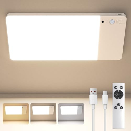 Rechargeable Motion Sensor Ceiling Light, 10000mAh Battery Operated LED Ceiling Lamp with Remote, Shower Lights, Dimmable Magnetic Sensor Lights for Indoor Shed Loft Bathroom Porch Stairs Garage