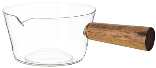 Glass Pots for Cooking on Stove, Milk Pot, 600ml Clear Glass Saucepan with Wooden Handle & Spout, Nonstick Simmer Pot for Noodles, Pasta, Soup, Milk and Baby Food