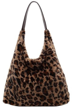 fdsmall Tote Taschen für Frauen Fluffy Plush Hobos Schulter Tote Tasche Slouchy Hobo Taschen Leopard Druck Handtasche Tasche für die Arbeit Schule