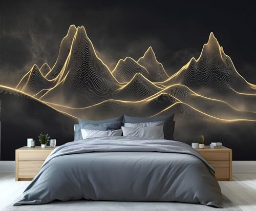 YXQAIED Black Gold Wallpaper, Elegant Lines Mural & Home Decor, Abstract Mountain Wallpaper Wall Murals for Bedroom Living Room Decor (Not Peel and Stick)