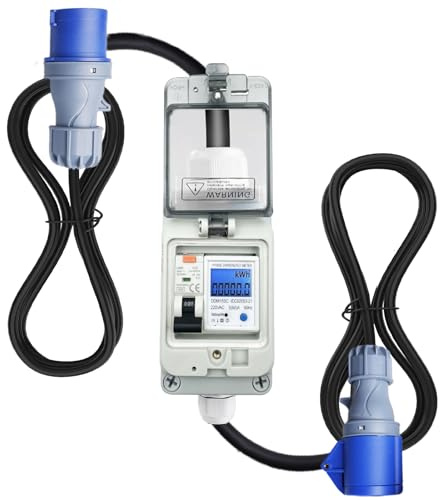 Mobiler Digitaler Stromzähler 230V 16A, Stromverbrauchsmesser für Steckdose mit FI Schutzschalter Typ A, IP44 CEE 3 Pin 16A Stecker auf CEE 16A Kupplung, Stromzählergehäuse IP67