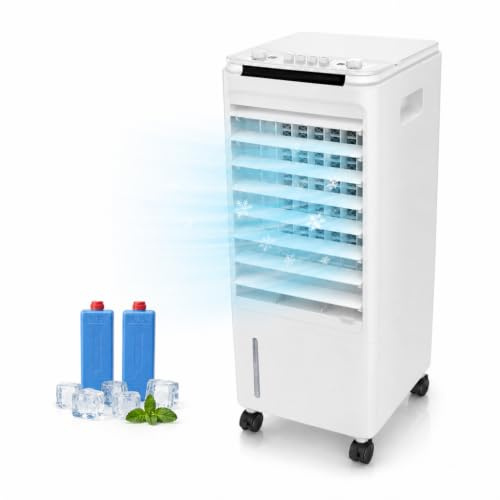 Ventilador Climatizador Evaporativo Portátil con Hielo – 80W, Depósito 7 L, Acumulador de Frío, 3 Velocidades, Humidificador, Lamas Oscilantes, Sin Tubo, Sin Instalación, 4 Ruedas (7 L)