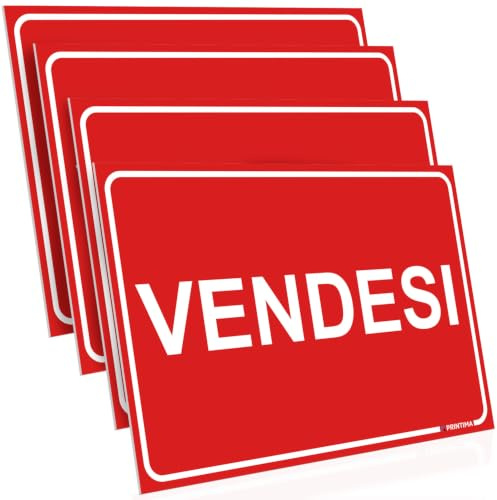 PRINTIMA 32x21 cm Set di 4 Cartelli VENDESI, Targa Segnaletica Rossa per Casa, Appartamento, Locale, Ufficio, Garage, Terreno e Immobile Privato con Set di Montaggio Incluso
