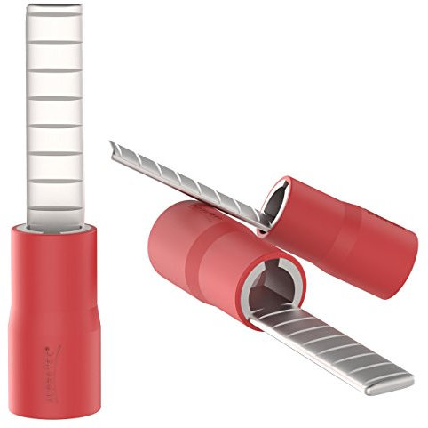 AUPROTEC 100x Flachstiftstecker 0,5 mm² - 1,5 mm² rot Stiftabmessung 3 x 14 mm teilisolierte PVC Flachstiftkabelschuhe flache Bauform DBV Kabel-Verbinder aus Kupfer verzinnt