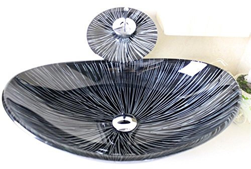 HomeLava Oval Waschbecken Gehärtetes Glas für Arbeitsplatte Spüle mit Wasserfall Wasserhahn Montagering und Ablaufwasser Set
