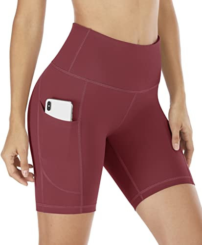 IUGA Women's High Waisted Tummy Control Cycling Shorts with Pockets - Maroon