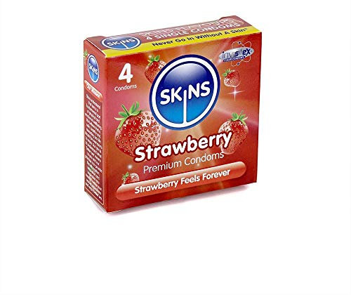 Skins Strawberry - Kondome mit Erdbeergeschmack für fruchtigen Oralverkehr, anschiegsame Form und samtweiche Oberfläche, fühlt sich an wie echt - 1 x 4 Stück