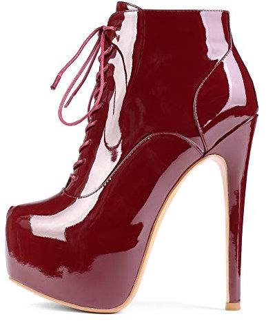 Stivali Donna - 15CM Stivali Donna con Tacco Alto - Stivaletti da Donna con Punta Arrotondata - Stivali con Tacco con Lacci - Stivali da Donna in Pelle con Plateau Borgogna EU35