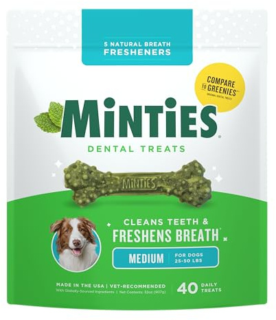 Minties Mint Dental Chews for Dogs, Medium Breeds 25-50 lbs, 40 Ct