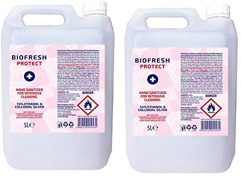 Bio 2x 5 Litre Hand Sanitiser Gel, 74% Alcohol EN14476 Certified, Biofresh Protect Intensive Cleansing Gel, 5L Refill - UK Stock