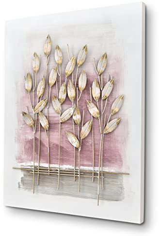 House of Arts Metallbild 'Piante d'oro rosa' 60x80cm Blumen Modern Wandbild Wanddeko Relief 3D Rosa Gold