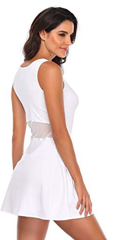 Saadiya Sportkleider für Damen, ärmelloses Tenniskleid für Mädchen, Sportkleidung, Workout, Mesh-Kleid - Weiß - Klein