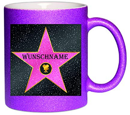 Glitzertasse (purple) Walk of Fame (Wunschname) - Kaffeetasse, bedruckte Tasse mit Sprüchen oder Bildern, Bürotasse,