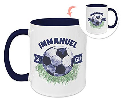 GRAZDesign Kindertasse mit Namen, Fussballtasse Kinder, personalisierte für Junge Trinkbecher Kindergeschirr Kinder Becher Dunkelblau, Keramik BPA-frei, 330ml Motiv Fußball