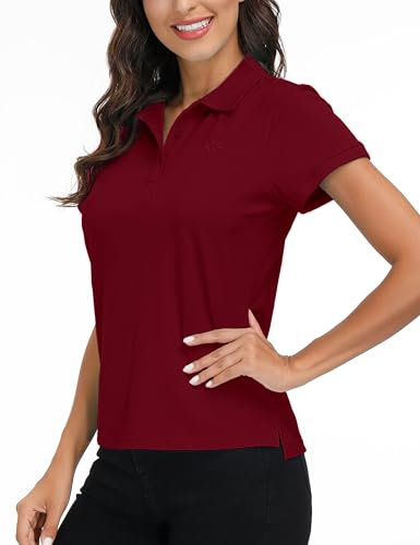 MoFiz Women's Short-Sleeve Polo Shirts Cotton Golf Top Casual Sports Gym Work Tee Shirts Wine-red Size L