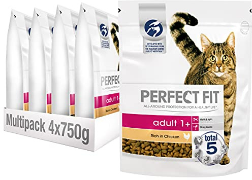 Perfect Fit Adult 1+ Complete Dry Cat Food for Adult Cats Aged 1+ Years, Rich in Chicken, 4 Bags (4 x 750 g)