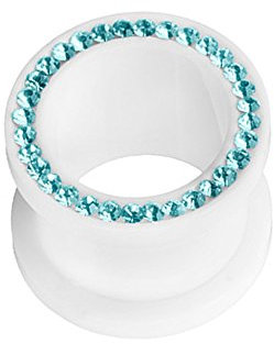 Taffstyle Flesh Tunnel Ohr Piercing Ear Plug Ohrpiercing Schraub Schraubverschluss Kunststoff Weiß mit farbigen Kristallen 6 mm Aqua