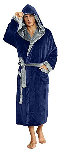 U2SKIIN Herren Kapuze Bademantel, Plüsch Bademäntel für Herren lange Fleece Plüsch Bademantel flauschig aus Flanell (Marineblau/Hellgrau, L/XL)