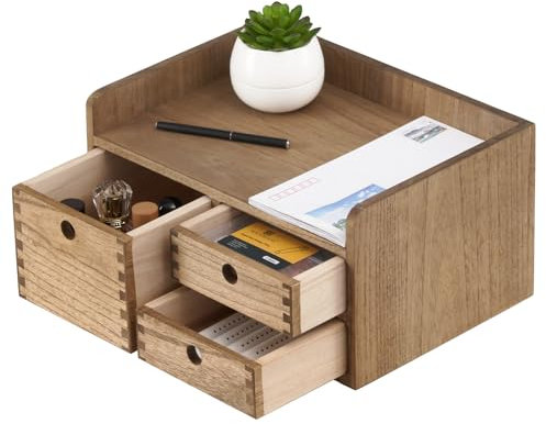 KIRIGEN Holz-Schreibtisch-Organizer mit 3 Schubladen und 1 Einlegeboden Heimarbeitsplatz Bürobedarf Holzaufbewahrungsbox Regal Case Hold Makeup Box Dunkelbraun