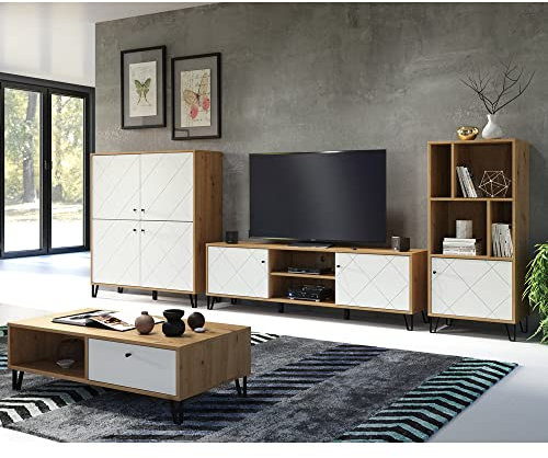 Lomadox Wohnwand modern 399 cm in Artisan Eiche Nb. mit weiß matt und mit Metallfüßen, B/H/T: ca. 399/136/40 cm