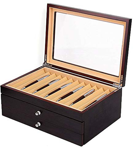 HaroldDol 3 Schichten Stifte Sammelbox mit Anzeigefenster, Holz Stifthalterbox Füllfederhalter Organizer Box für 34 Füller Stifte Kugelschreiber, Federhalter Display Box mit Schubladen, Schwarz