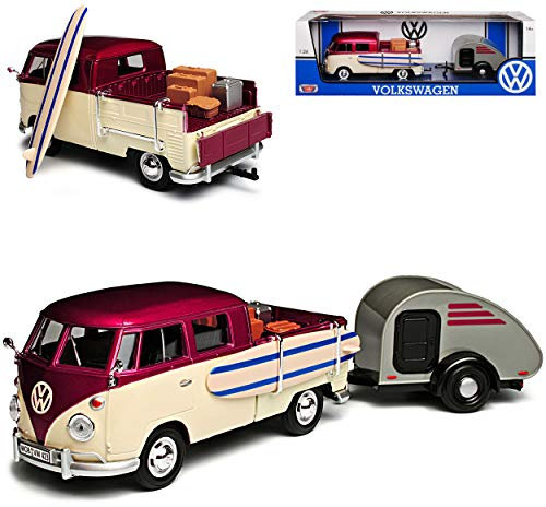 Motormax Volkwagen T1 Surfbrett und Koffer mit Anhänger Bus 1950-1967 1/24 Modell Auto mit individiuellem Wunschkennzeichen