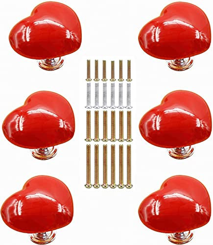 6 Pièces Bouton de Meuble en Céramique en Forme de Cœur - Boutons de Portes pour Placards - Poignée de Meuble Cuisine avec 4 Tailles de Vis, 38 x 32 x 32 mm, Rouge
