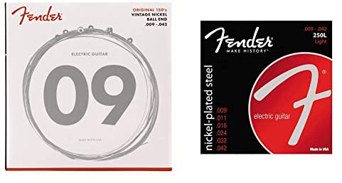 Fender 0730150403 Cordes de guitare d'origine 150, plaqué nickel pur, extrémité à boule, jauges 150L .009-.042, (6) & Super 250 Jeu de cordes pour guitare électrique - 250L (009/042)