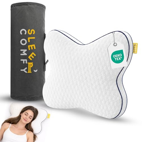 SLEEP COMFY Premium Schmetterlingskissen aus orthopädischem Memory Foam, Oeko-TEX Zertifiziert, ergonomisches Nackenstützkissen gegen Nackenschmerzen & Migräne, ideal für Seitenschläfer