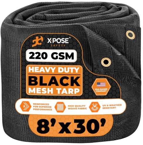 Xpose Safety Strapazierfähige Netzplane, 2,4 x 9,2 m, Mehrzweck-Schutzhülle mit Luftstrom, für Spanngurte, Schatten, Zäune, Vordächer, Muldenkipper, wasserdicht, Wetter- und reißfest, Schwarz