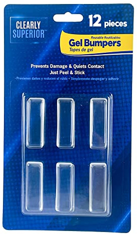 Clearly Superior Gel Bumpers. 12-Pack Small Rectangle 1.5 x .5 Protects Surfaces & Quiets Contact. Use on Furniture, Doors, Cabinets, Walls & Appliances. Self Adhesive, Just Press to Apply