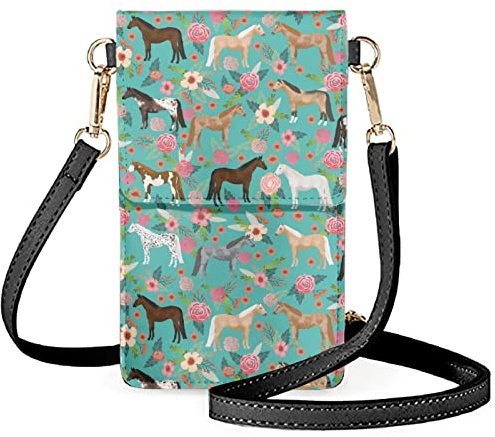 BYCHECAR Handy-Geldbörse für Teenager, Mädchen, kleine Leder-Umhängetasche, Handy-Tasche mit transparentem Fenster, Handytasche, Pferd Floral, Einheitsgröße