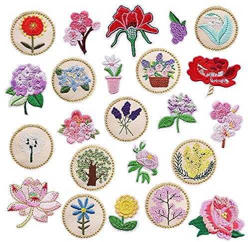 Woohome 23 Stück Blume Flicken Patches Patches Sticker, Rose Hortensie Lotus Mixed Blumenkorb Patches zum Aufbügeln Aufnäher Kinder zum Aufbügeln für Basteln DIY, Kleidung, Kleid, Hut