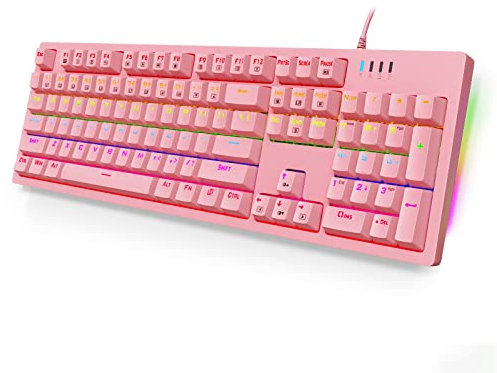 E-Yooso Mechanische Gaming-Tastatur, Sidelit RGB und Regenbogen-Hintergrundbeleuchtung, rote Schalter, doppelte Tastenabdeckungen, 104 USB-kabelgebundene Tasten für PC und Windows, Rosa