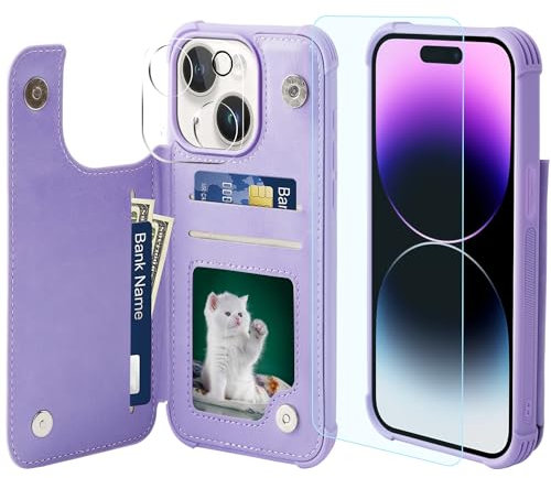 VANAVAGY Wallet Case Compatible for iPhone 15,Leather Flip Folio Shockproof Phone Cover Fit Magnetic Car Mount [Screen Protector Included] with Credit Card Holder for Apple 15, Clove Purple