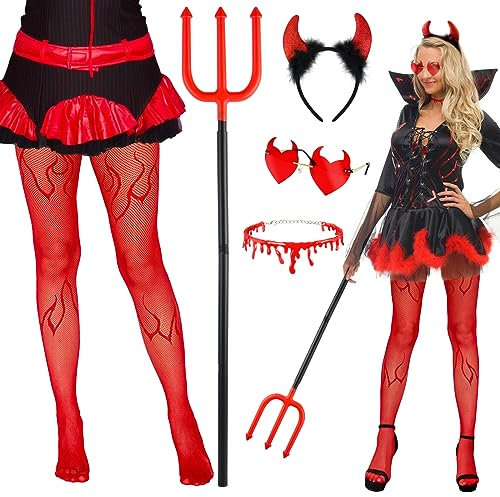BOFUNX Teufelshörner Kostüm Set Teufelshörner Teufelsgabel Teufel Flügel mit Fliege Gesicht Strasssteine Halloween Party Zubehör für Erwachsene Damen Karneval Cosplay