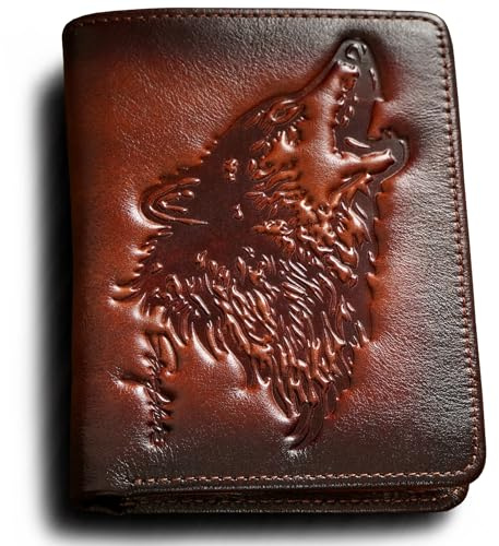 skneephate Geldbörse Herren Leder Mit Münzfach,Retro Wolf Geldbeutel,Hochformat Geldtasche,Wallet for Men,Portmonee RFID-Schutz,Geschenke Für Ihn (Brown)