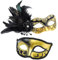 MYSEUNI 2024 New Couples Venetian Masquerade Mask Set Feathers - Black and Gold Masquerade Mask for Costume Mardi Gras