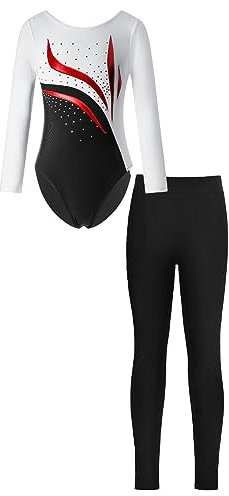 iEFiEL Mädchen Turnanzug Glitzer Gymnastik Leotard Langarm Akrobatik Anzug Tanzkostüme Turnbody Jumpsuit mit Sport Leggings Zc Weiß schwarz 170-176