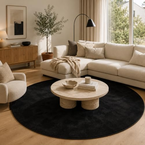 Pergamon Melia Schwarz Rund – Luxus Super Soft Hochflor Teppich, Flauschiger Shaggy Teppich, weich, rutschfest & pflegeleicht