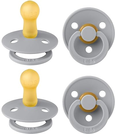 BIBS Colour Dummy, 6-18 Months, 4-Pack, Round Teat, Cloud | Natural Rubber Latex | Size 2 | BPA-Free | Made in Denmark | High Teat Acceptance | Airflow Holes | Comfort Shield