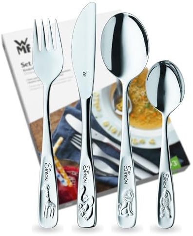 WMF Kinderbesteck Tiere mit Namensgravur - personalisiertes Besteck - individuelles Taufgeschenk - Junge/Mädchen - 4-teiliges Set