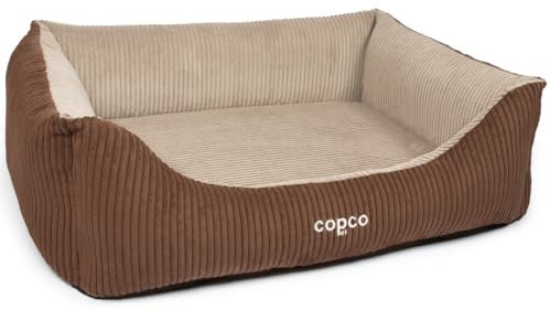 CopcoPet Hundebett Kyra Cord Braun/Beige XXL 125x 100 cm – Flauschiges Hundekörbchen mit hohem Rand & Einstieg – Waschbarer Bezug – Rutschfestes, bequemes Hundekissen für große Hunde