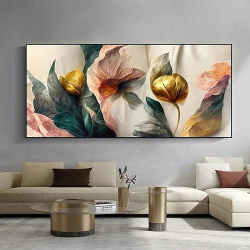 Rumlly Quadro su tela con fiori vintage, immagini, oro, verde, rosa, arte della parete, poster, stampe, soggiorno moderno, decorazione murale, 75x150 cm, senza cornice